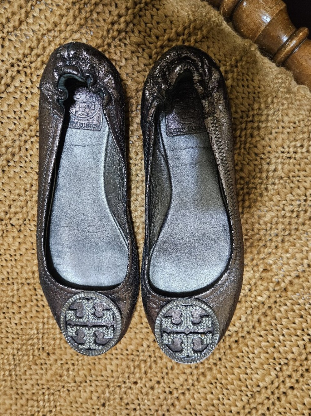 Tory Burch Gunmetal Ballet Flats with Logo Medallion